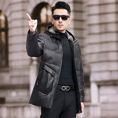 冬季新款男士真皮羽绒服连帽中长款皮衣绵羊皮轻便外套保暖大衣厚，男装皮衣，电商B360