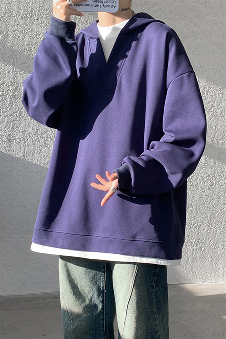8XL-M叠穿假两件卫衣重磅连帽V领拼接套头衫宽松大码外套WY006P65,女装短外套,电商B312