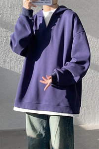 8XL-M叠穿假两件卫衣重磅连帽V领拼接套头衫宽松大码外套WY006P65图片