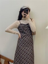 独屿毛呢格纹吊带裙秋冬百搭现货，女装背心吊带，独屿