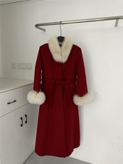 【依嘟】高级感狐狸毛领千金风冬季长款气质羊毛外套(配腰带)（，女装双面呢大衣，依嘟服饰