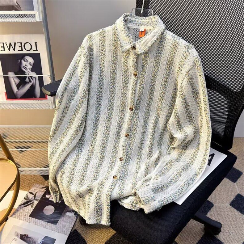 民族风条纹长袖衬衫男春秋季潮流痞帅镂空外套5380P44,男装衬衫,星座410-2