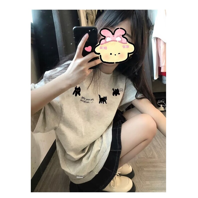 重磅纯棉美式复古短袖t恤女夏季2025新款设计感小众独特别致上衣图片