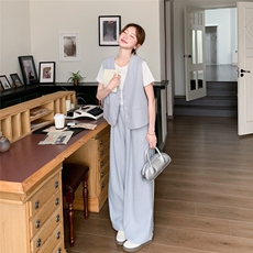 蕾丝拼接西装马甲套装女2025夏季新款韩系超火减龄阔腿长裤两件套，女装套装/套裙，2C095