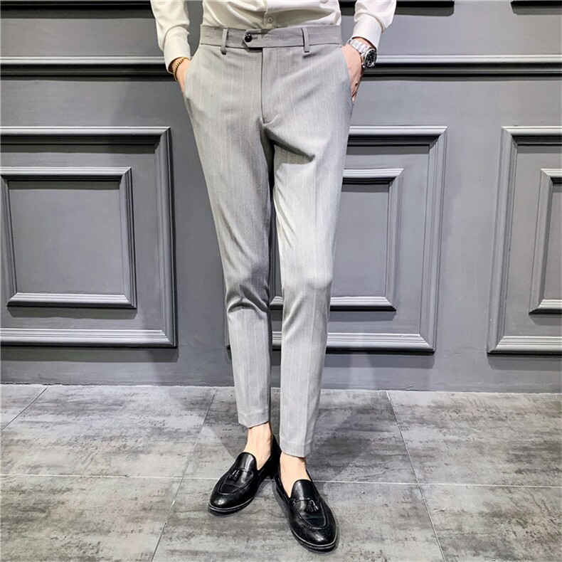 裤子男韩版潮流秋冬季格子新款九分小西裤男士修身垂感西装长裤图片