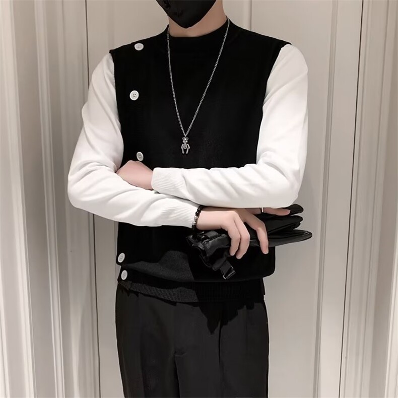 纽扣装饰假两件毛衣男冬季修身半高领长袖针织衫中领打底衫S548,男装针织衫/毛衣,星座1116A-2（原606A-1）