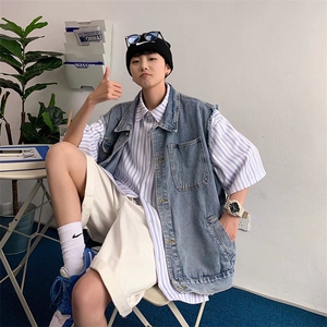 牛仔马甲男春秋季潮牌港风毛边复古坎肩背心潮流休闲蓝色无袖外套图片