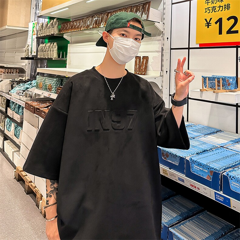 麂皮绒短袖t恤男夏季美式复古重磅钢印宽松情侣半袖潮D342P38,男装T恤,电商A335-1（原A458）