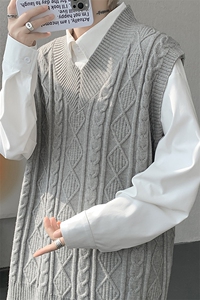 韩系叠穿复古麻花针织衫马甲男学院风早秋穿搭上衣服背心9097P58图片