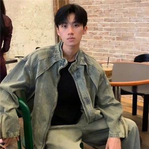 D3506-P88美式解构水洗做旧黄泥染牛仔外套男春秋夹克潮-网图现货图片