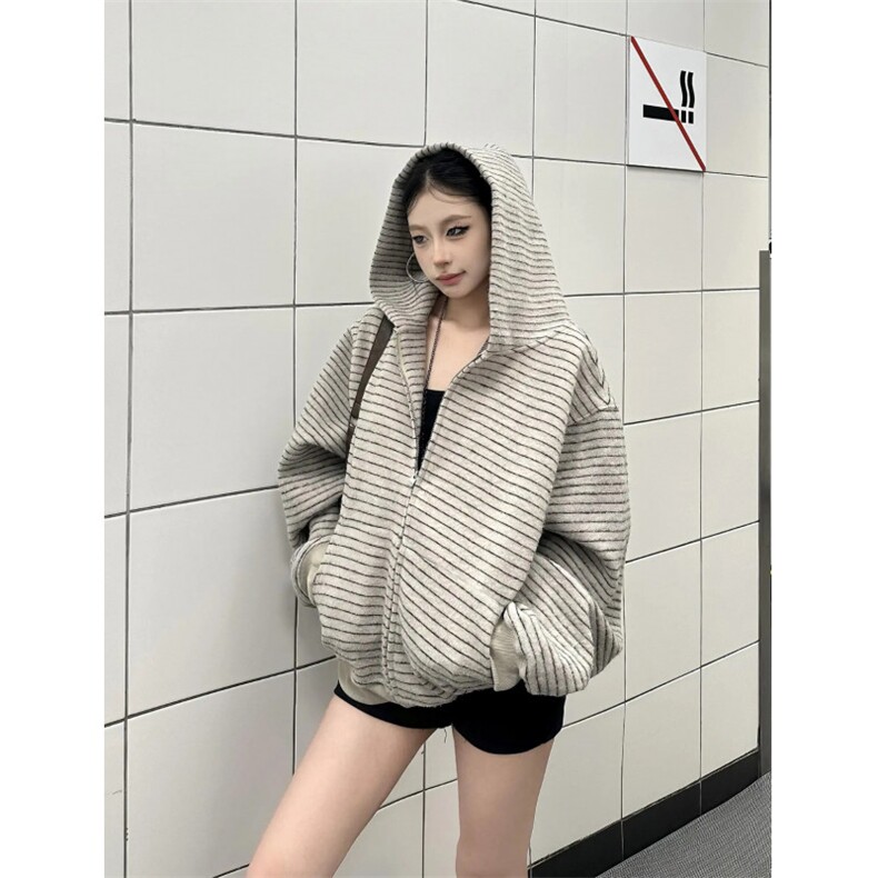 条纹卫衣开衫男女韩版潮流连帽帅气宽松2025秋冬ins外套WB528-P63图片