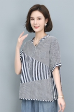 时尚条纹宽松短袖衬衫女夏季新款韩版百搭显瘦上衣休闲女装，女装衬衫，叶笙衣