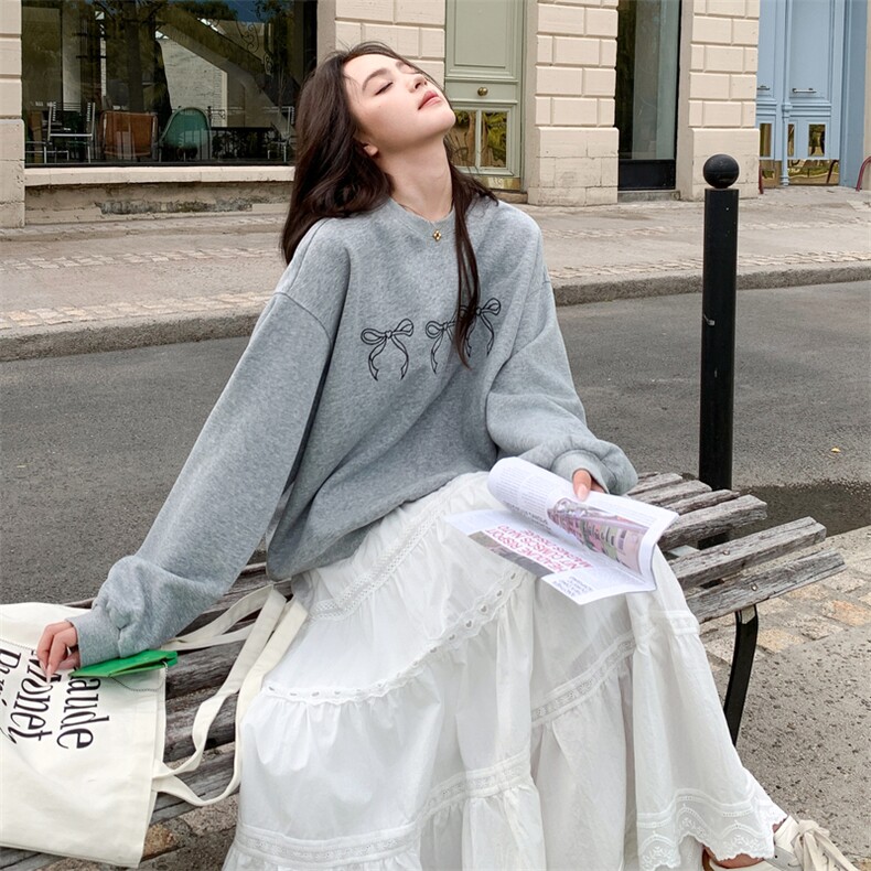 休闲减龄穿搭灰色卫衣套装女春秋2025超火好看高级感半身裙两件套,女装套装/套裙,2D014