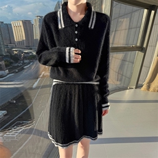 2025秋冬百搭时尚简约polo领长袖连衣裙针织衫套装，女装套装/套裙，冬贝尔貂绒