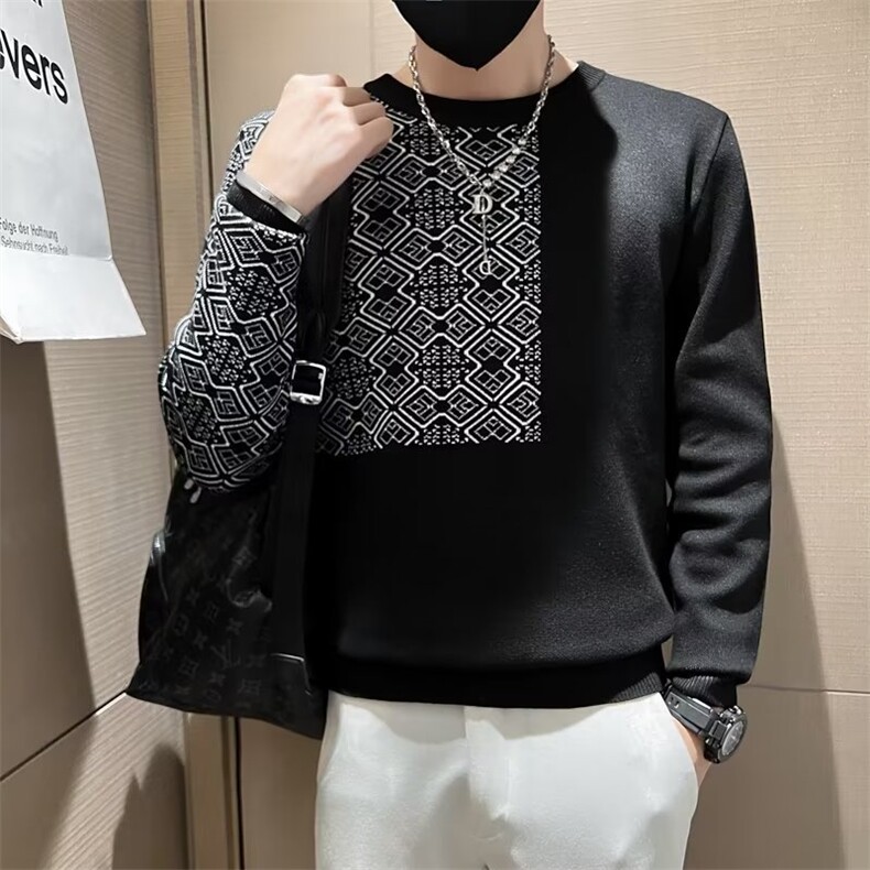 秋季圆领慵懒风提花修身男士套头长袖针织衫撞色休闲简约毛衣S520,男装针织衫/毛衣,星座1116A-2（原606A-1）