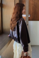 2025秋季新款棕色复古PU皮衣外套女宽松休闲上衣1386，女装皮衣，欣美人