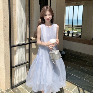 新款主推夏季欧根纱无袖显瘦复古仙女连衣裙2247-P140-K219图片