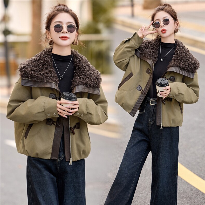 现货工装大翻领短款羽绒服女2026冬季新款加厚保暖派克服外套,女装羽绒服,美沁
