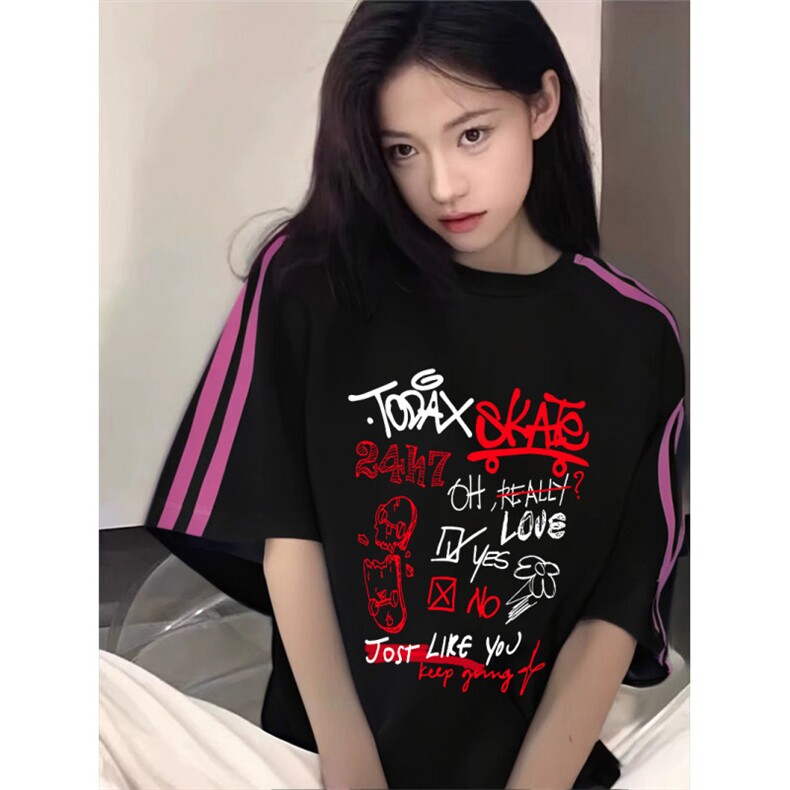 抖音得物品质二开240克宽松纯棉美式潮牌印花三条杠中性风短袖T恤,男装T恤,电商A486