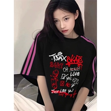 抖音得物品质二开240克宽松纯棉美式潮牌印花三条杠中性风短袖T恤，男装T恤，电商A486