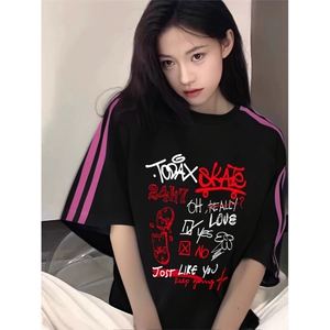 抖音得物品质二开240克宽松纯棉美式潮牌印花三条杠中性风短袖T恤图片