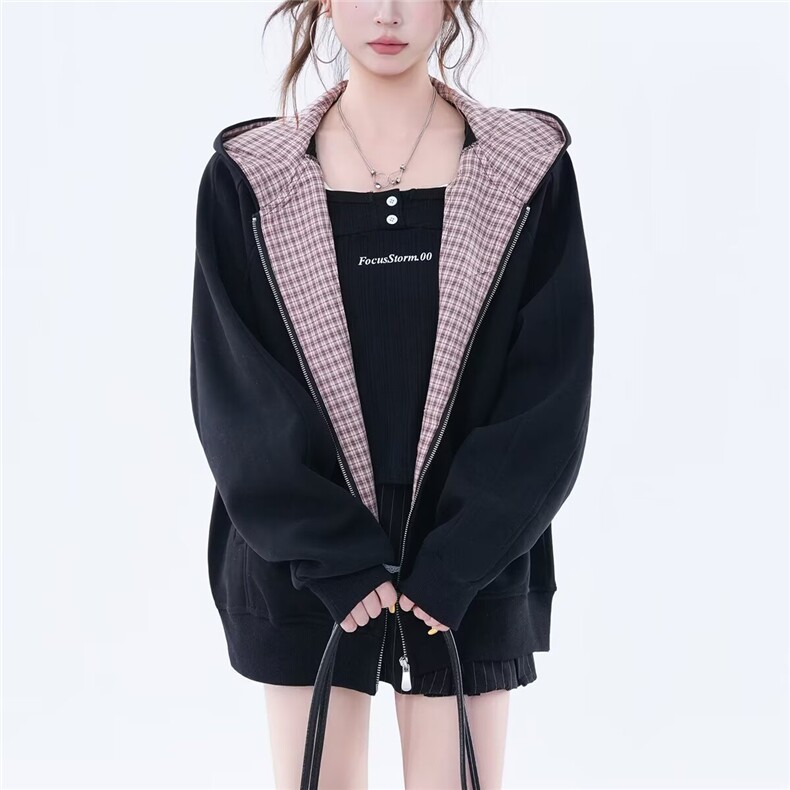 连帽开衫宽松卫衣简约韩系格子撞色宽松百搭情侣男女同款秋外套潮，女装短外套，星座613