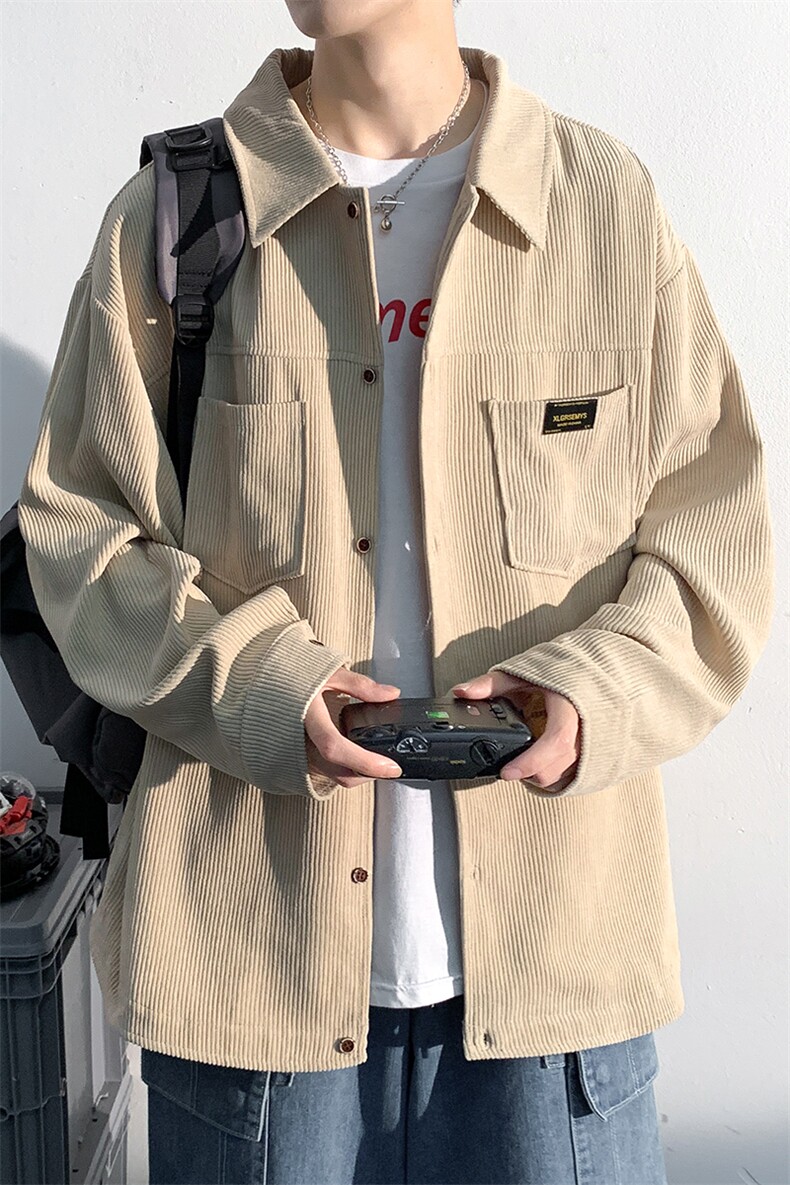 休闲长袖衬衫男生秋季校园风少年感简约衬衣复古小众翻领大码外套,男装夹克,电商A001-1