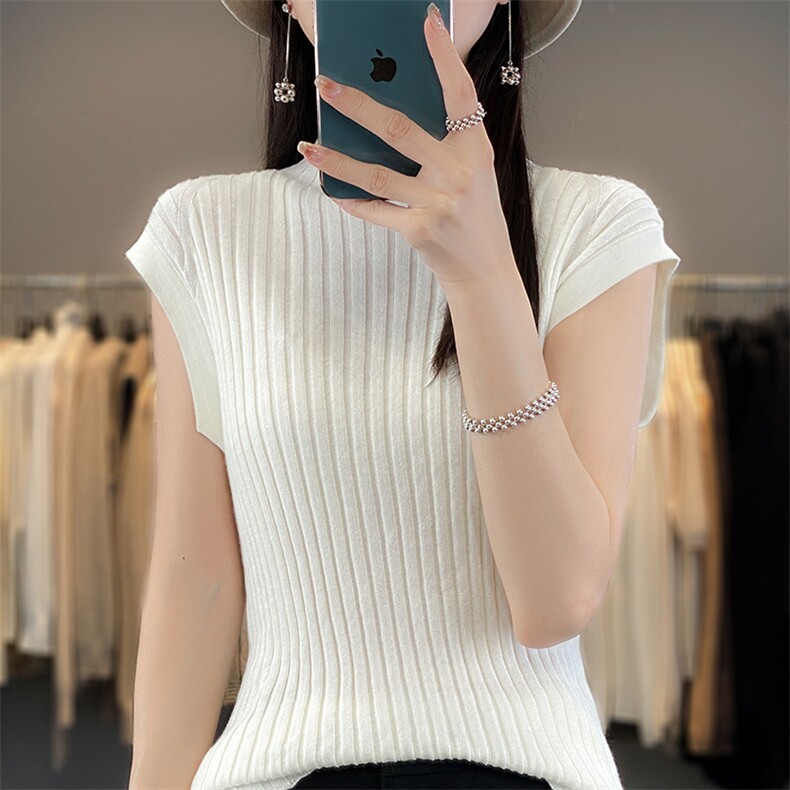 春夏薄款宽松套头女半高领针织衫精纺羊毛内搭无袖背心百搭打底衫,女装羊毛衫,朝贺羊绒