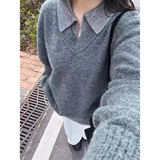 重磅北极绒假两件衬衫领毛衣美式高街复古休闲慵懒纯色翻领针织衫，男装针织衫/毛衣，电商A486
