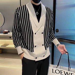开衫男针织毛衣潮牌设计感V领宽松外套时尚网红潮流条纹线衣 Q220图片