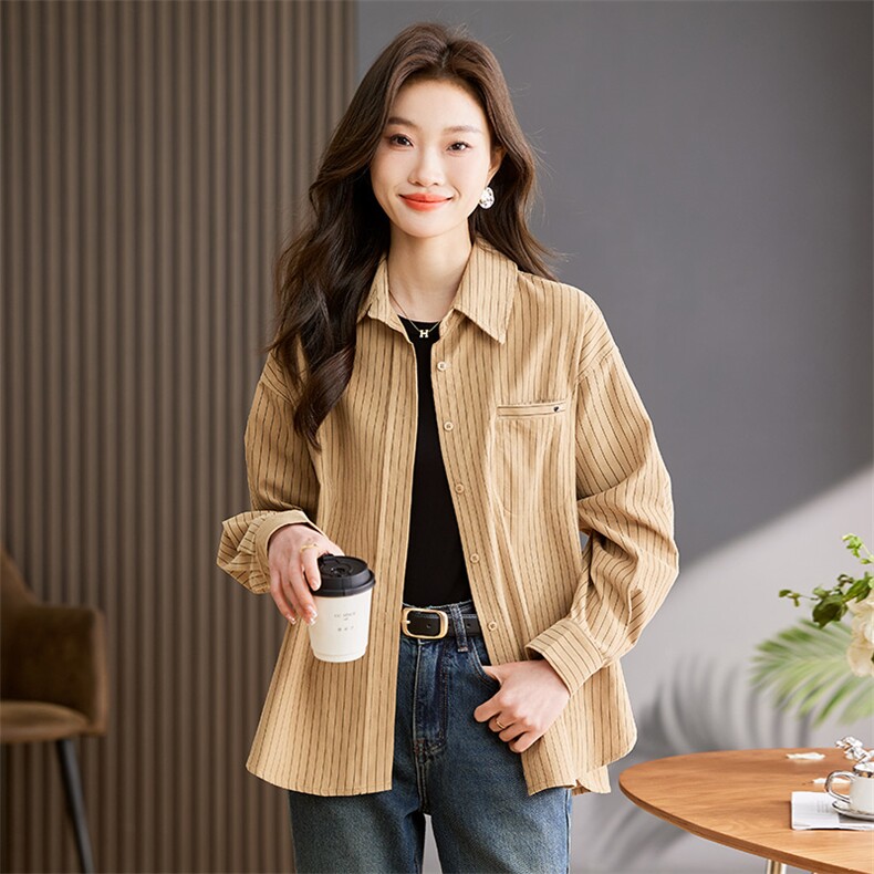 纯棉直条纹衬衫女春秋2024年新款妈妈韩版宽松休闲时尚短款长袖衬，女装衬衫，玛其路