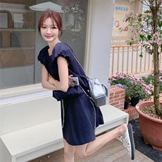 藏青色时尚一整套穿搭泡泡袖上衣套装裙女2025夏新款半身裙两件套，女装套装/套裙，浙宝220