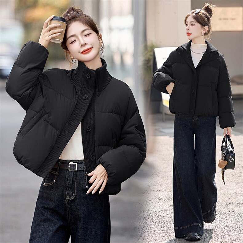 2024冬装新款现货羽绒服女装休闲纯色针织拼接宽松外套,女装羽绒服,韩宇舍