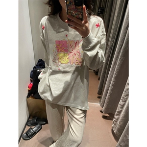 网图有货 美式复古烟花刺绣宽松百搭纯棉长袖T恤男女上衣A952-P38图片