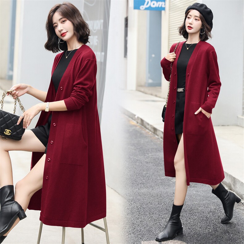 2021秋冬季日系慵懒风中长款毛衣外套女长袖宽松针织开衫外搭显瘦，女装针织衫/毛衣，意芙