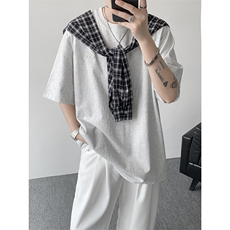 8XL-M潮情侣美式拼接打结格子假两件短袖宽松纯棉T恤男DX338，男装T恤，电商D206-1