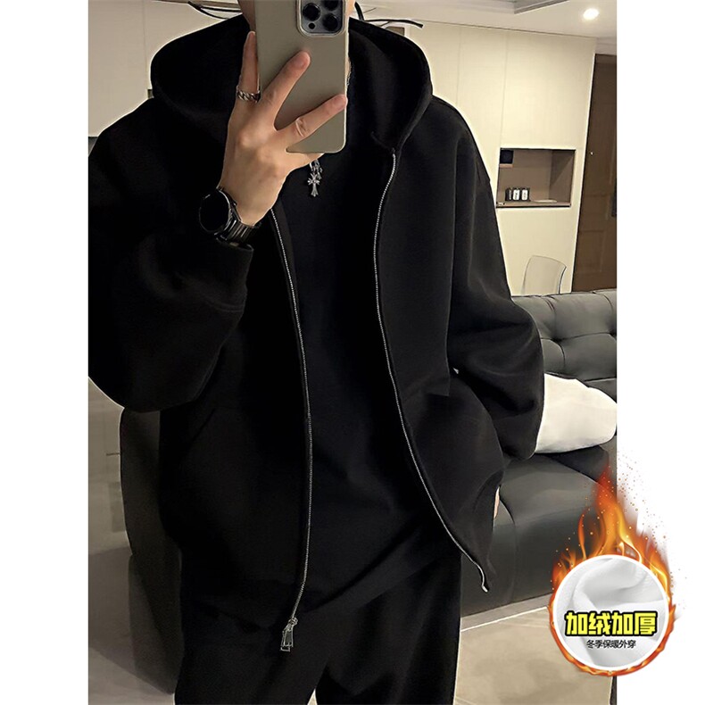480G重磅加绒硬挺boxy男女秋冬美式高街结构双拉链开衫卫衣厚外套,女装短外套,电商A486