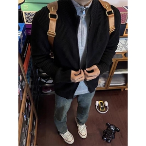 重磅秋冬北极绒双拉链毛衣开衫美式复古休闲慵懒风宽松针织衫外套图片