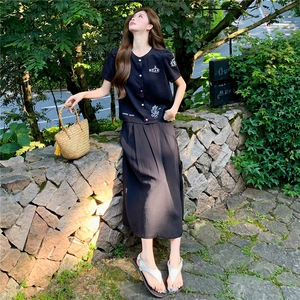 时尚休闲两件套裙女刺绣甜美风上衣百褶半裙套装女图片