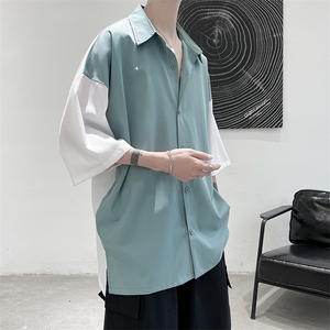 新款夏季禁欲风短剧拼接男士撞色短衬衫 A071-C12-P35图片