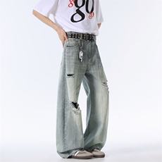 新款美式复古水洗薄荷绿破洞牛仔裤男夏季宽松XZ201-KZ033P55，男装牛仔裤，星座201