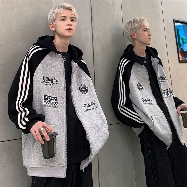美式重磅三条杠拼接卫衣青少年穿搭拉链连帽开衫外套JK109-P78,男装卫衣,电商C307