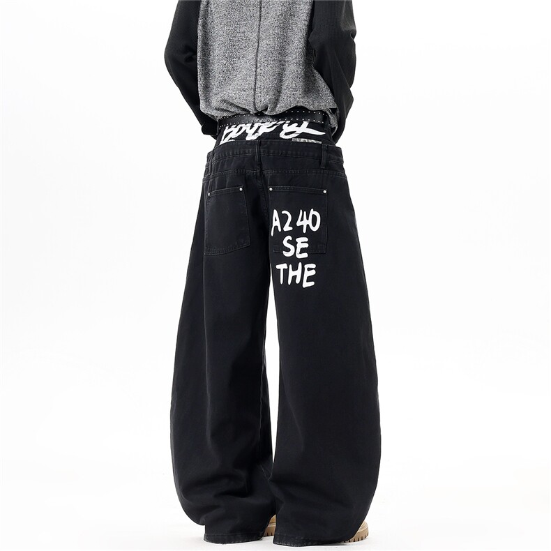 【现货】春装NK1030-P60控118双腰头印花牛仔裤宽松直筒阔腿裤，男装牛仔裤，电商B335