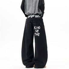 【现货】春装NK1030-P60控118双腰头印花牛仔裤宽松直筒阔腿裤，男装牛仔裤，电商B335