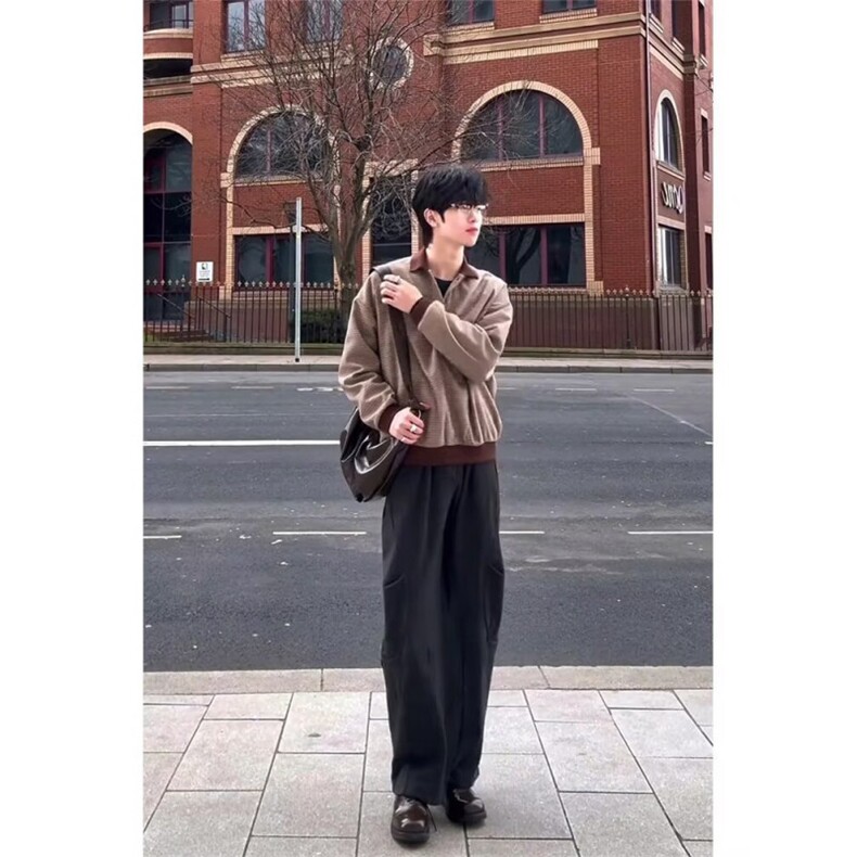 秋季复古千鸟格撞色拼接Polo领条纹衫休闲长袖T恤卫衣WYX79,男装Polo衫,星座516A