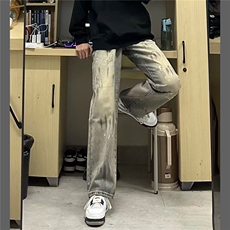 设计感泼墨脏脏牛仔裤男新款美式高街休闲宽松直筒裤LN70711-P48，男装牛仔裤，星座1008