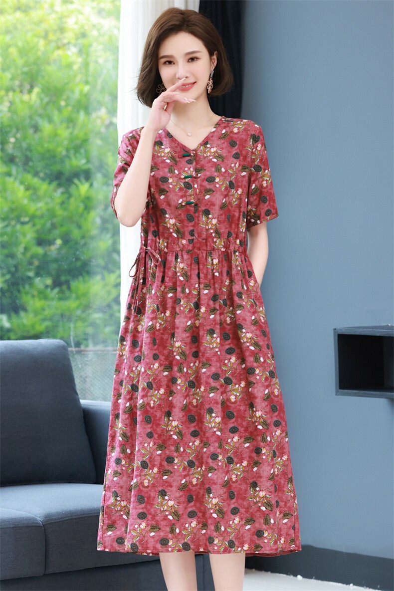 2023年春夏季新款潮碎花连衣裙女中长款小个子套头V领a字裙子女棉,女装连衣裙,简韵佳