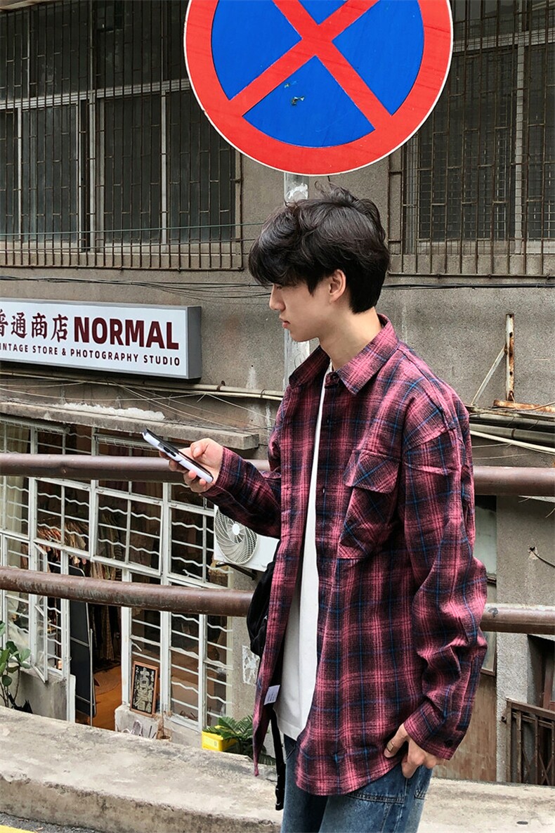 特P50无差价新款春季格子时尚长袖衬衫-HS2290港风街头,男装衬衫,电商A003