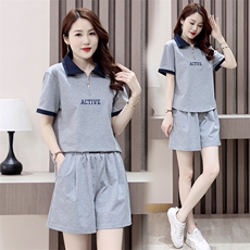 纯棉运动女2025夏季新款宽松翻领半拉链短袖短裤休闲服，女装运动套装，凯瑟曼
