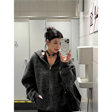 新美式复古条纹拉链开衫连帽卫衣男女百搭情侣外套513AKS2408P57，女装短外套，星座513A
